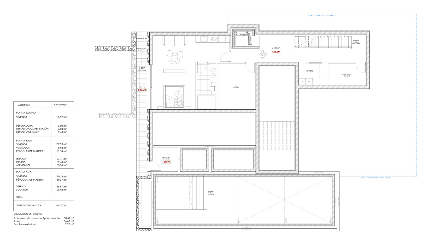 Plan d'architecte détaillé du sous-sol comprenant une salle de sport, une buanderie, un local technique et une zone de piscine, pour une surface de 105,97 m².