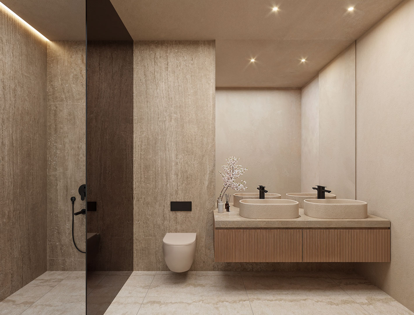 Salle de bain moderne avec double vasque en pierre, robinetterie noire, meuble en bois rainuré et douche à l'italienne avec paroi fumée.