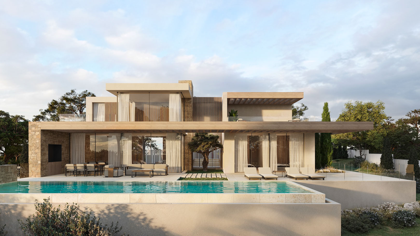 Villa contemporaine à deux niveaux avec piscine à débordement, murs en pierre naturelle et grandes baies vitrées sous des surplombs en bois et terrasses aménagées.