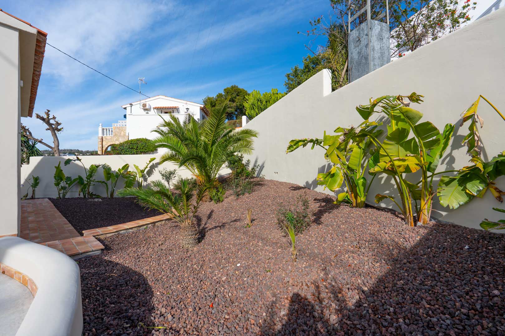 Espace jardin méditerranéen avec gravier volcanique, palmiers et bananiers le long d'un mur blanc et d'un chemin en terre cuite.