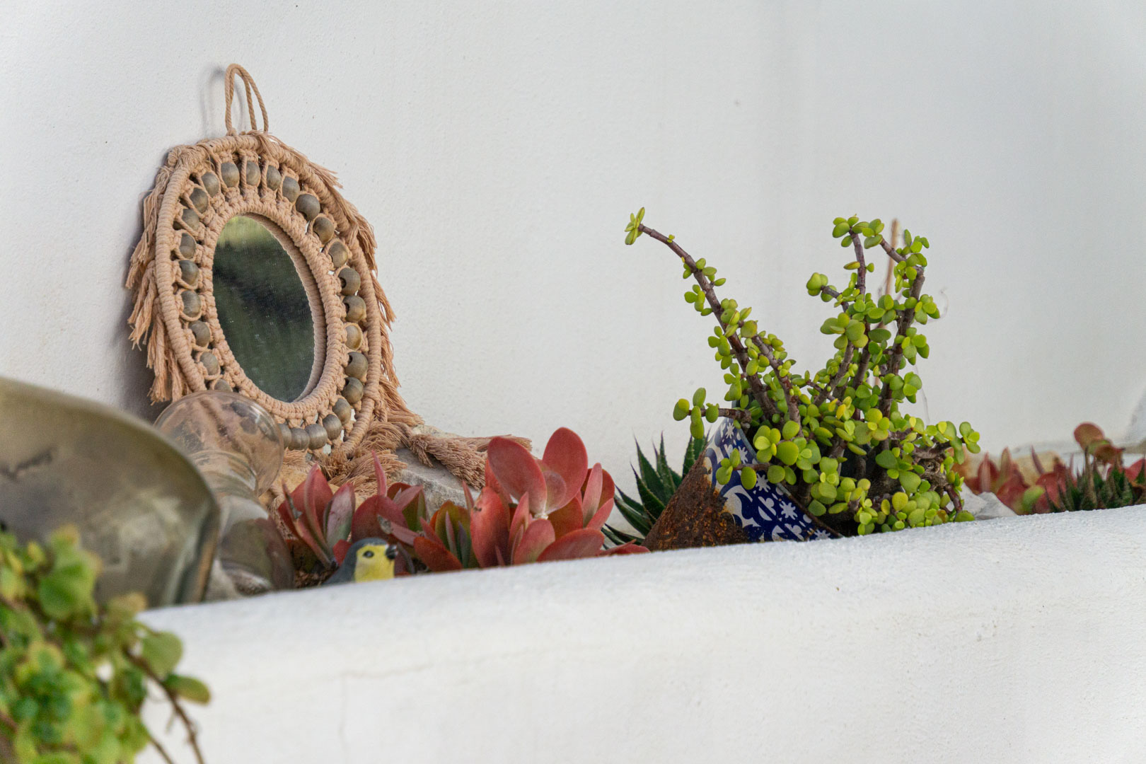 Détail décoratif sur un rebord blanc avec miroir en macramé, poterie en céramique bleue et diverses plantes succulentes au style méditerranéen.
