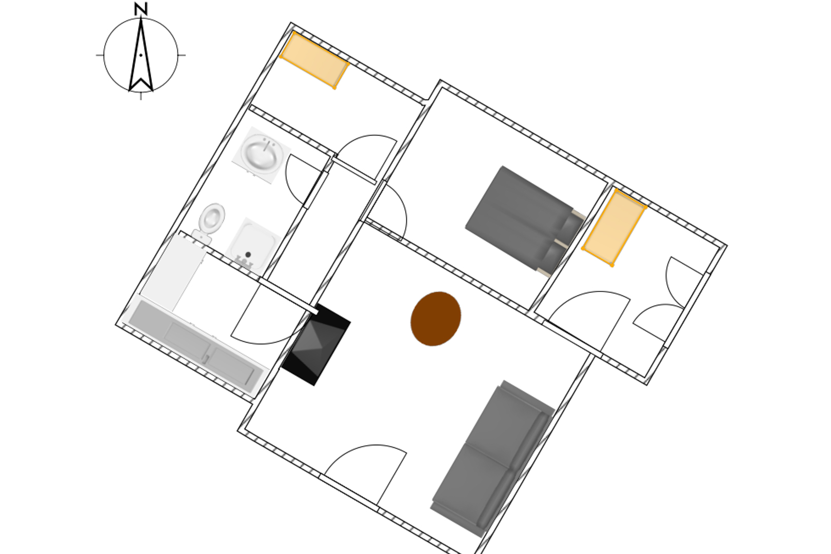 Plan d'architecte détaillé montrant la distribution de plain-pied avec salon, cuisine séparée, salle de bain et trois chambres fonctionnelles.
