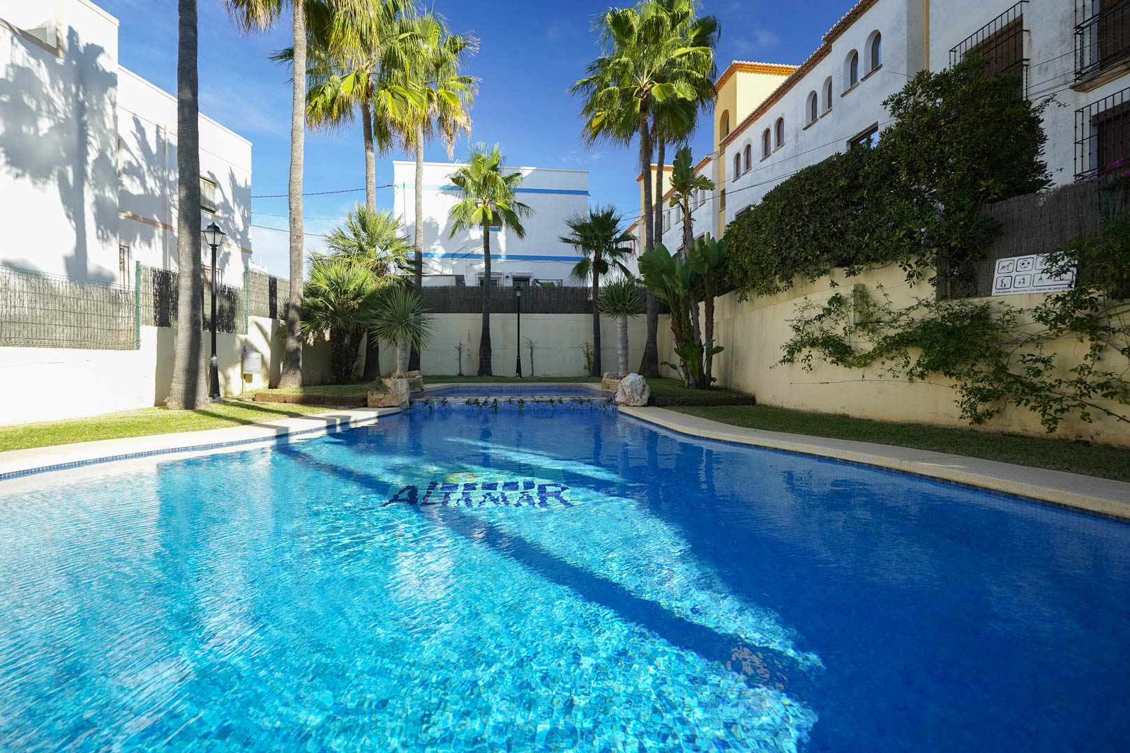 Piscine commune avec carrelage bleu, entourée de palmiers et de jardins entretenus. L'espace extérieur offre un cadre paisible et ensoleillé au sein de la résidence.