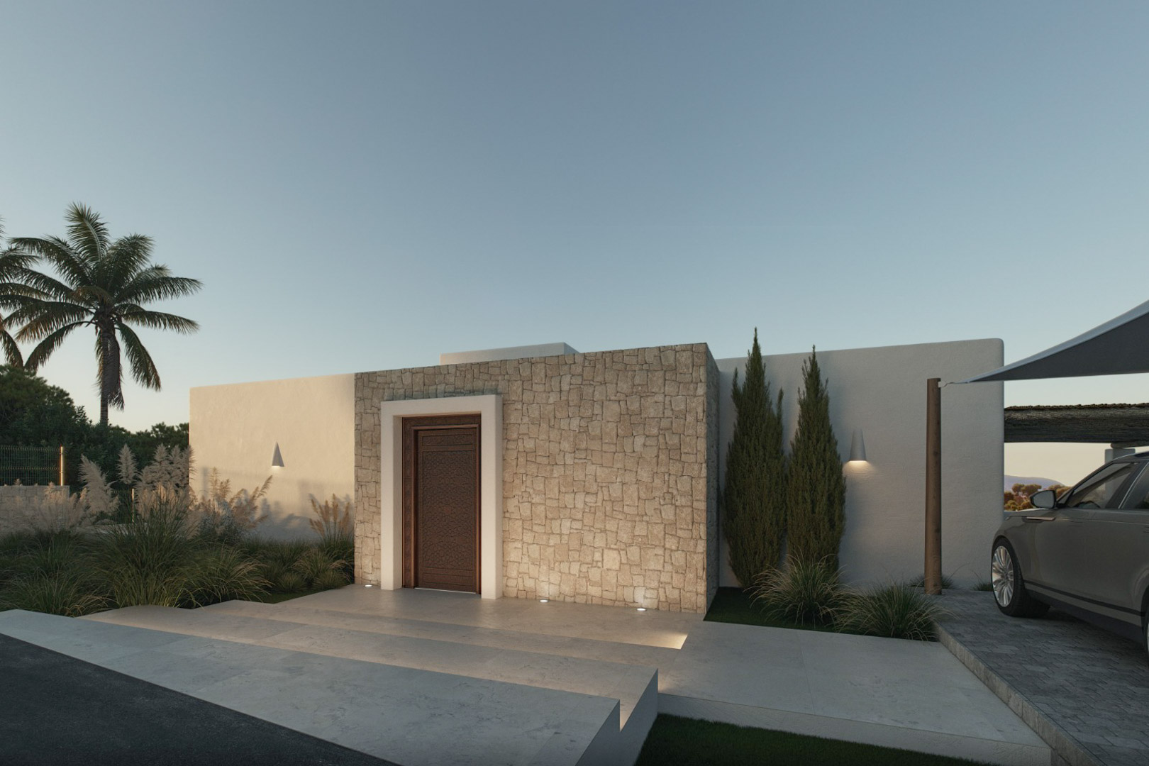 Façade moderne avec porte en bois sculpté et parement en pierre naturelle. Éclairage extérieur subtil et aménagement paysager minimaliste.