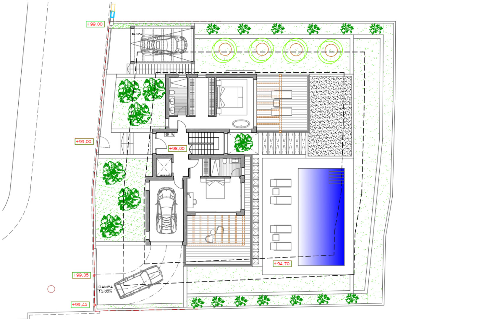 Plan architectural d'une villa avec piscine, jardins, garage et terrasses.