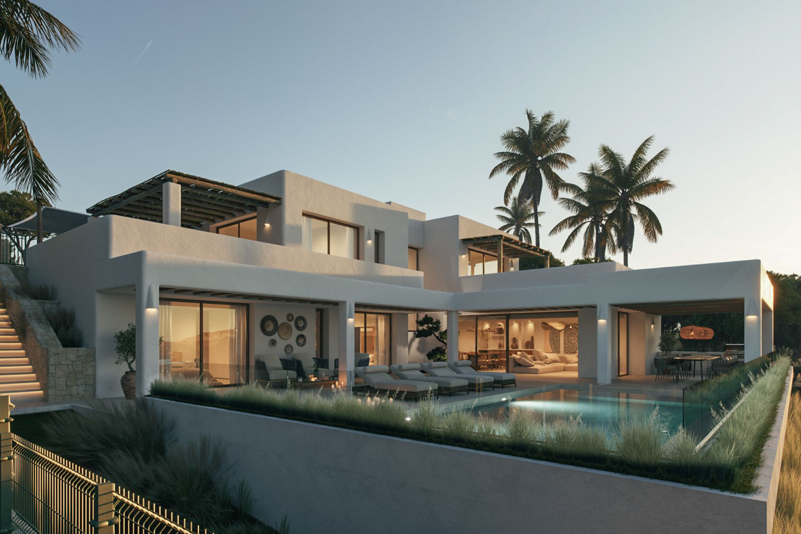 Vue extérieure de la villa avec piscine, terrasses et design architectural moderne sous un ciel crépusculaire.