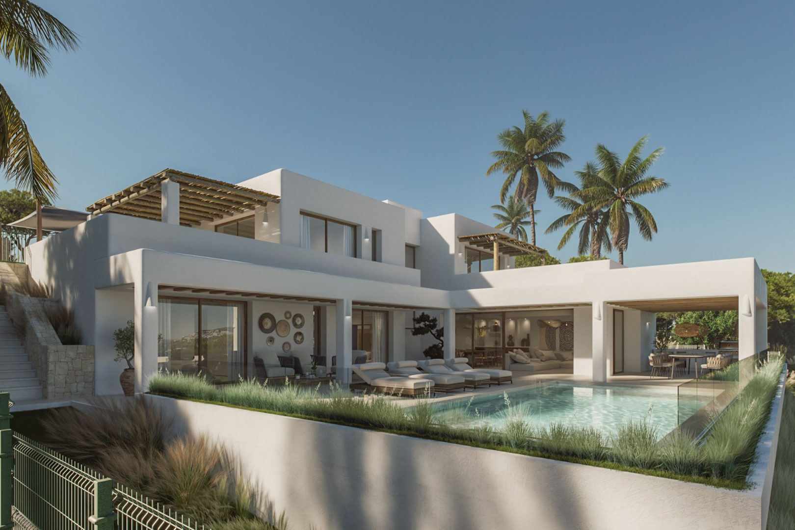 Vue extérieure de la villa avec piscine, terrasses et jardins. Design moderne et élégant avec des touches méditerranéennes.
