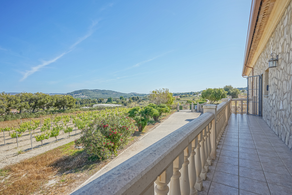 Terrasse surélevée avec balustrade classique offrant une vue sur les vignobles et les collines. Façade en pierre naturelle et revêtement de sol en grès.
