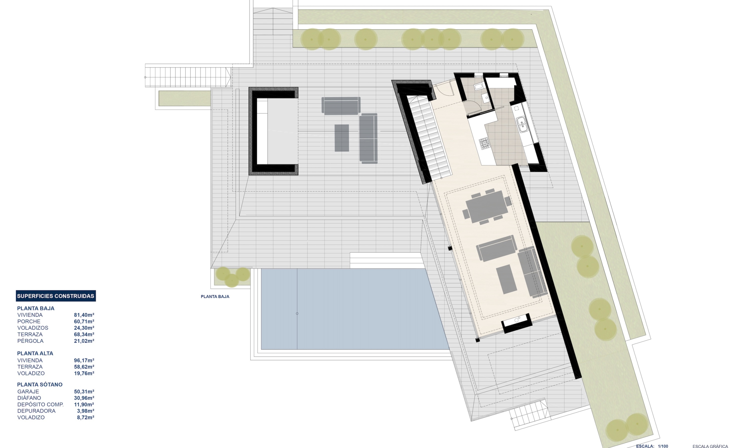 Plan d'architecte du rez-de-chaussée détaillant le salon-salle à manger, la cuisine, la terrasse spacieuse avec piscine et les espaces verts environnants.