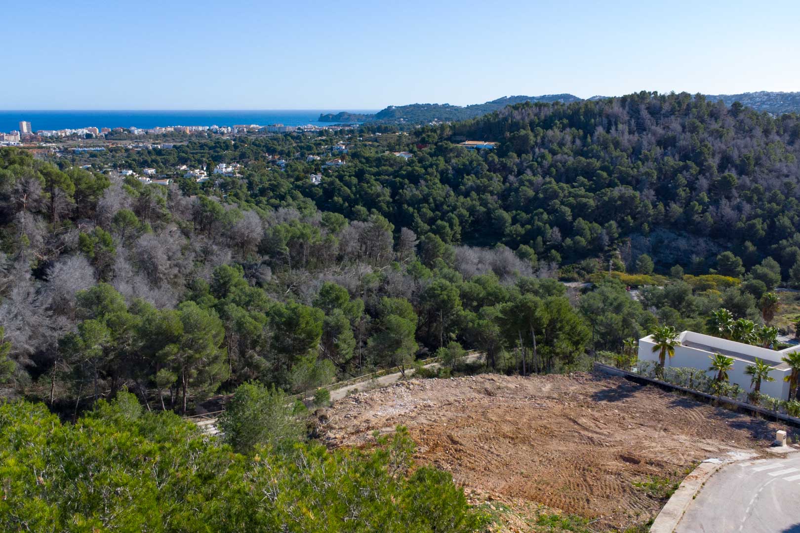 Terrain à bâtir surélevé à Tosalet 5 offrant une vue panoramique sur la mer Méditerranée et la côte de Jávea, entouré d'une forêt de pins.