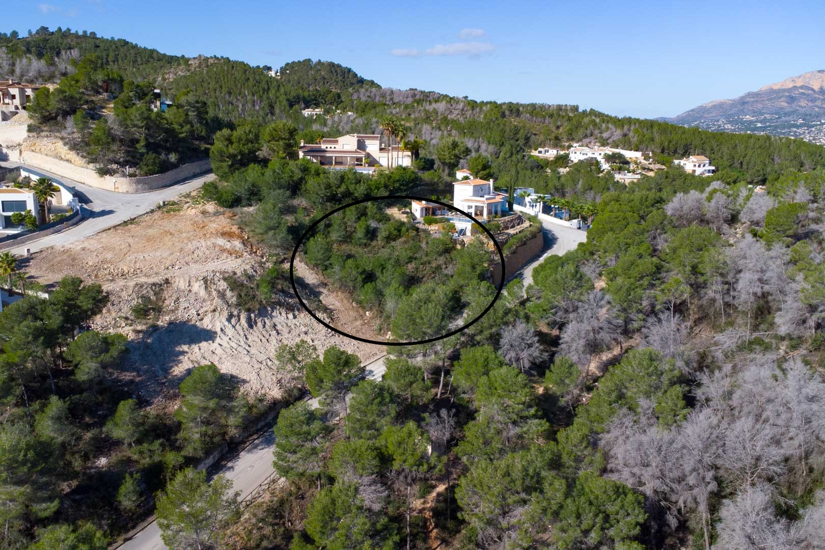 Vue aérienne d'un terrain à bâtir en pente dans l'urbanisation Tosalet 5, entouré de pins méditerranéens et de villas modernes de standing.