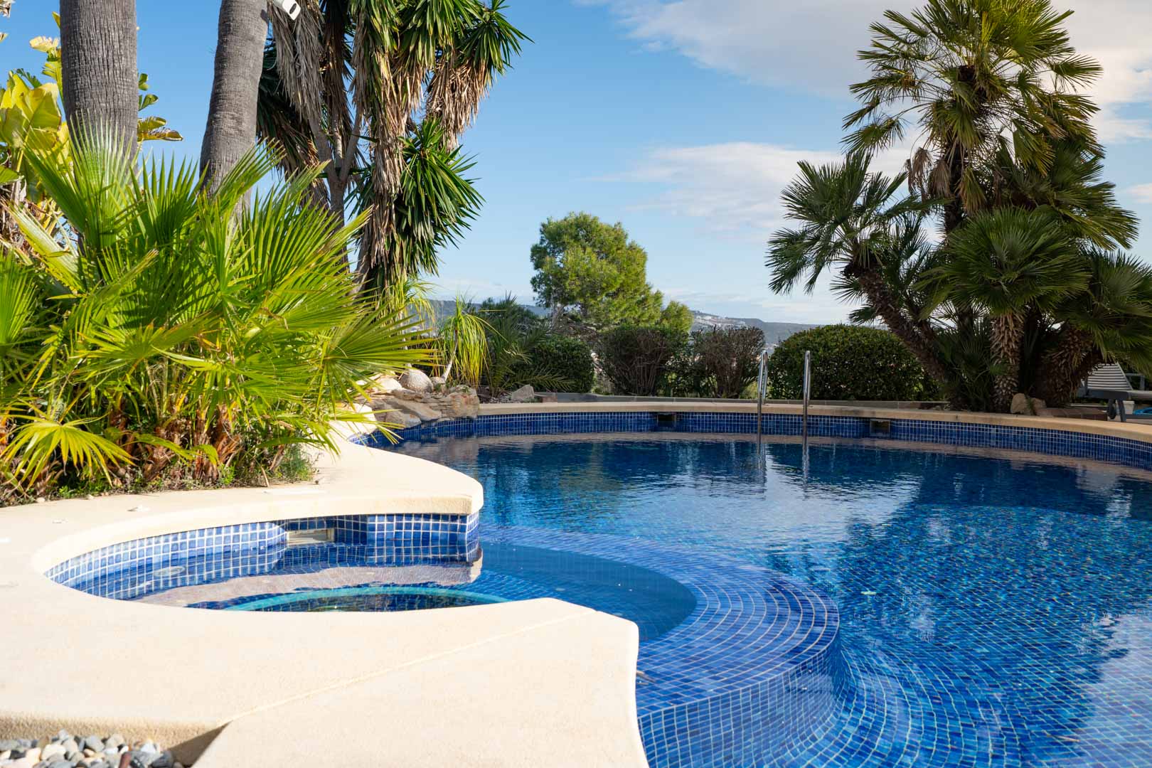 Piscine extérieure aux formes arrondies avec mosaïque bleue, nichée au cœur d'un jardin tropical aux palmiers matures.