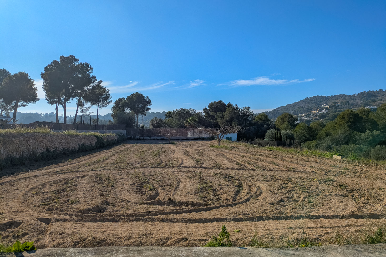 Terrain rustique plat et labouré, délimité par un mur en pierre traditionnelle, offrant une vue dégagée sur les collines environnantes et les pins matures.