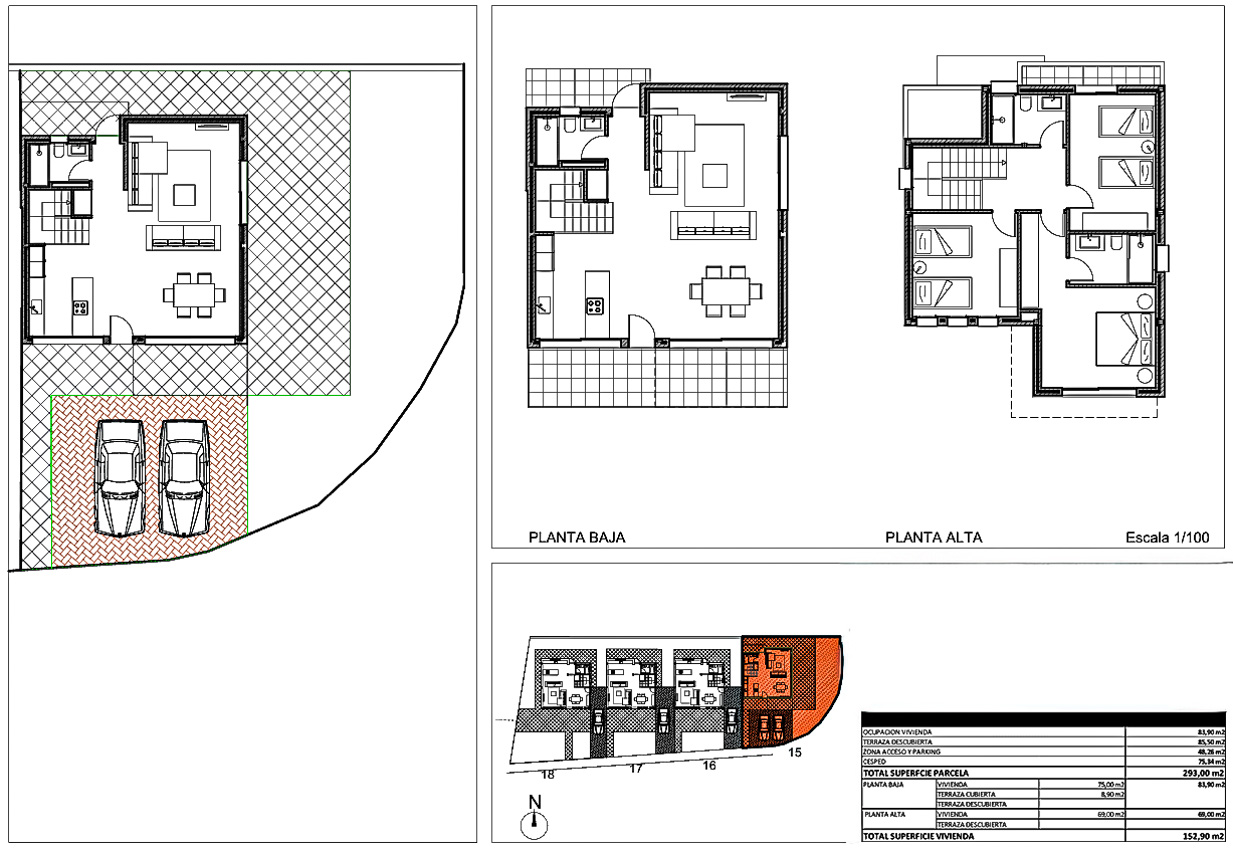 Plans d'architecte détaillés illustrant la distribution sur deux niveaux, l'espace de stationnement double et une surface totale de 152,90 m².