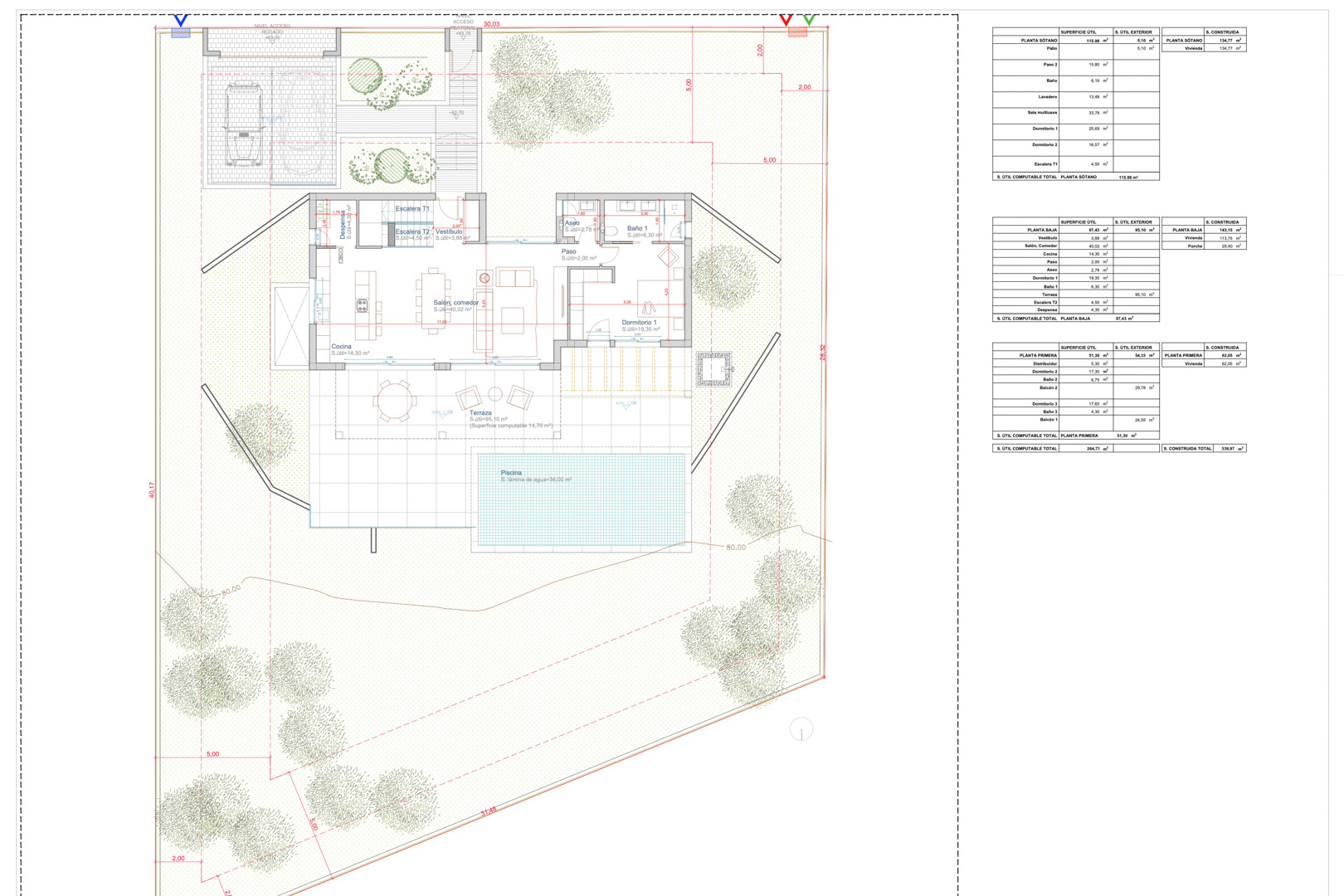 Plan technique du rez-de-chaussée et de la parcelle, illustrant le salon, la cuisine, la terrasse de 95 m², la piscine et les tableaux récapitulatifs des surfaces.