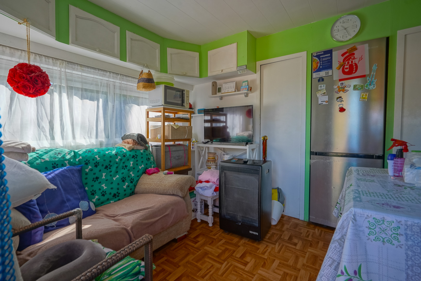 Intérieur de l'annexe préfabriquée avec murs verts, salon compact, parquet et cuisine ouverte équipée d'appareils électroménagers en acier inoxydable.