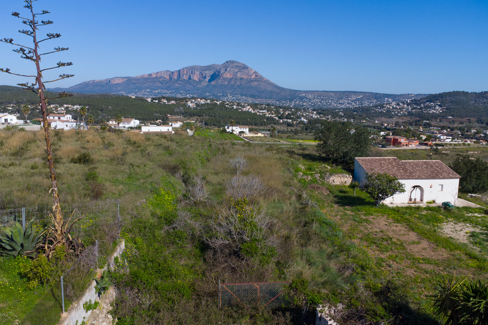 Vue panoramique depuis le terrain rustique sur la vallée de Benitachell, avec le mont Montgó en arrière-plan et une végétation locale.
