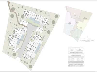 Plan directeur détaillant l'agencement de plusieurs villas, des parcelles individuelles, des zones communes et leurs plans d'étage respectifs.