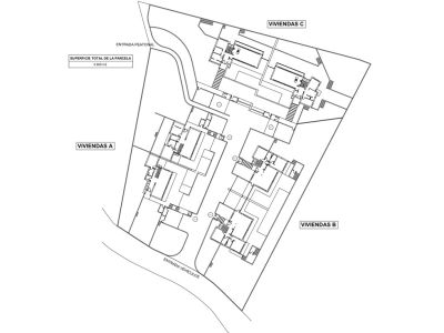 Plan d'urbanisation détaillé présentant trois parcelles résidentielles (A, B, C), les accès piétonniers et véhicules, et une surface totale de 6 609 m².
