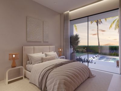Chambre élégante avec lit design, tables de chevet minimalistes et accès direct à la piscine privée. Profitez des vues sur le coucher de soleil et les palmiers.