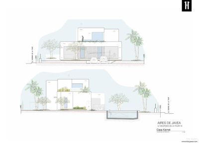 Dessin d'élévation latérale d'une villa moderne, présentant un parking intégré, un design minimaliste et un aménagement paysager. Piscine visible en bas.