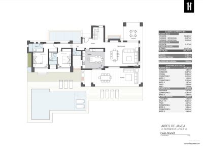 Plan architectural détaillé du rez-de-chaussée de la villa, présentant une disposition spacieuse avec salon-salle à manger, cuisine, chambres, salles de bain, piscine et pergolas.