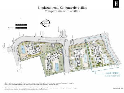Plan de situation détaillé d'un complexe de quatre villas, présentant des parcelles individuelles avec piscines privées, jardins et accès routier. Indique l'orientation vers la mer Méditerranée.
