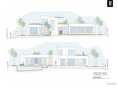 Plans d'élévation avant et arrière de la villa 'Casa Kismet', présentant son architecture moderne, ses revêtements en pierre, sa végétation intégrée et sa piscine privée.