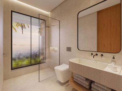 Salle de bain moderne avec douche vitrée et grande fenêtre offrant une vue sur les palmiers. Meuble-lavabo cannelé avec vasque intégrée, robinetterie murale noire et éclairage discret.