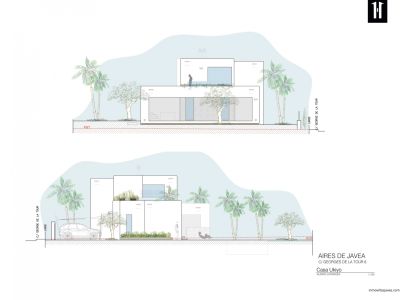 Élévations latérales d'une villa moderne aux lignes épurées, avec de grandes fenêtres et un aménagement paysager méditerranéen intégré.