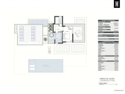 Étage supérieur avec chambre principale, dressing, salle de bain attenante et accès direct à une terrasse avec jacuzzi extérieur.