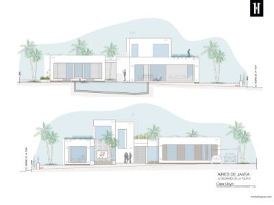Plan architectural de la villa moderne, présentant un design épuré avec de grandes baies vitrées, une piscine privée intégrée et des façades avec des accents de pierre naturelle.