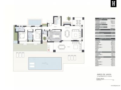 Plan détaillé du rez-de-chaussée de la villa, présentant les espaces de vie, cuisine ouverte, deux chambres, deux salles de bain et extérieurs avec piscine privée et terrasses.