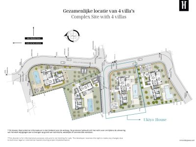 Plan du complexe de quatre villas de luxe, chacune avec piscine privée et jardin, stratégiquement situé près de la mer Méditerranée à Jávea. Détaille l'agencement d'Ukiyo House.