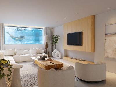 Salon moderne avec canapé sectionnel, une fenêtre sous-marine unique révélant une piscine et un panneau en bois intégrant une télévision et une cheminée linéaire.