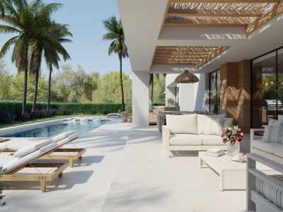 Vaste terrasse extérieure avec piscine privée, chaises longues, salon de jardin sous une pergola à lattes de bois et palmiers luxuriants.