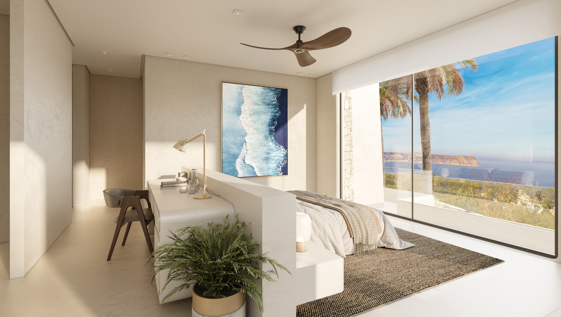 Chambre lumineuse avec bureau intégré et vue sur la mer à travers de larges fenêtres.