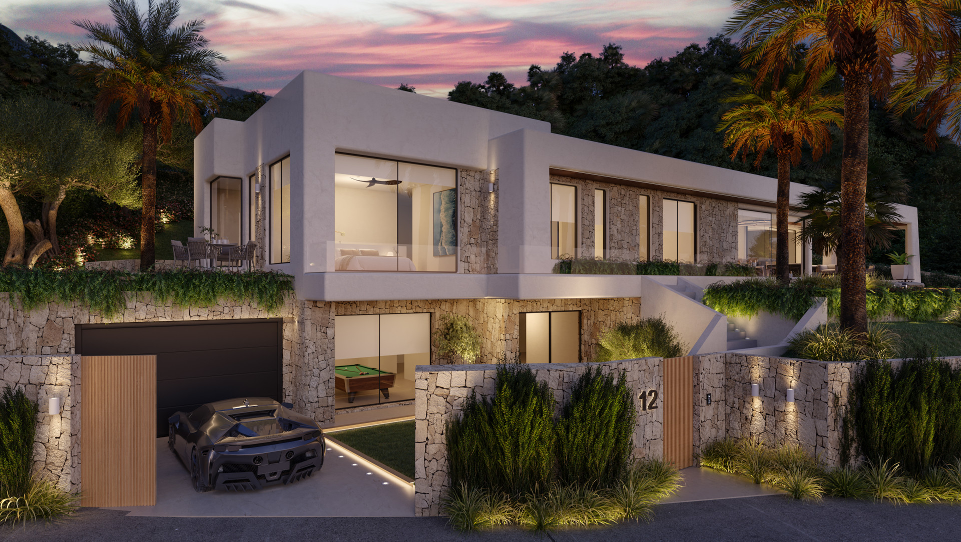 Façade de villa moderne avec garage, piscine et vue sur la mer au coucher du soleil.