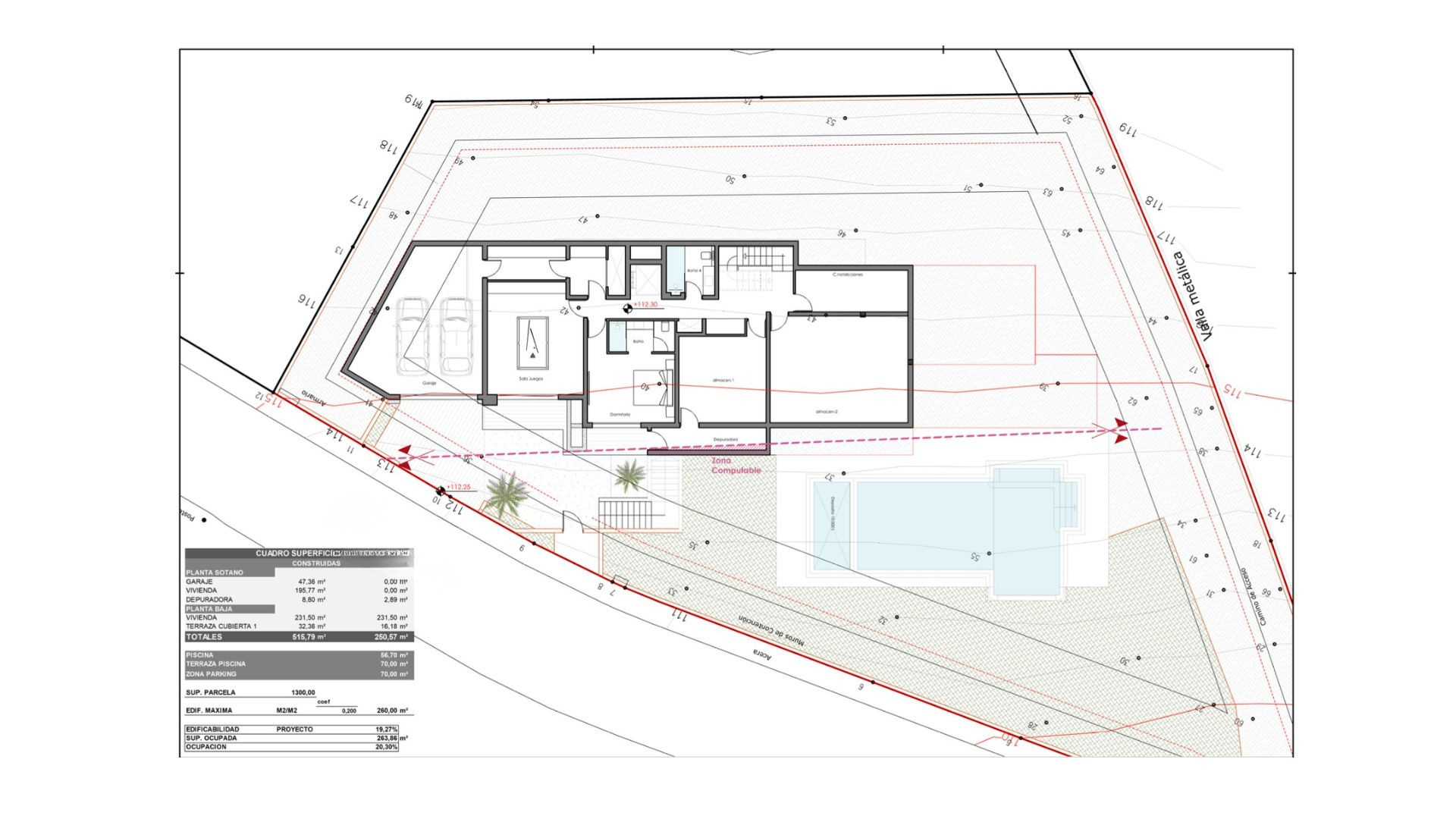 Plan architectural de villa avec piscine, montrant la distribution intérieure, garage et jardin sur un terrain de 1300 m².