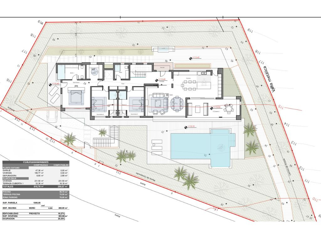 Plan architectural détaillé de la villa, montrant l'aménagement intérieur et extérieur, avec piscine et jardin.