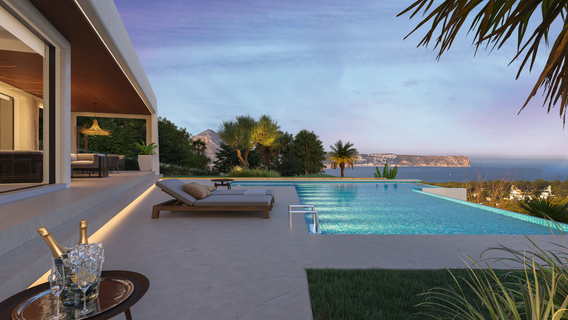 Terrasse avec piscine à débordement et vue panoramique sur la mer à Jávea. Solarium avec transats et coin salon couvert.