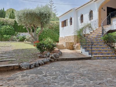 Entrée principale de la villa avec escalier incurvé en carreaux décoratifs et garde-corps en fer forgé, bordé d'un jardin méditerranéen et d'un olivier.