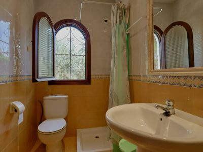 Salle de bain avec fenêtre cintrée en bois, verre texturé et grille en fer forgé. Murs carrelés bicolores avec frise décorative, lavabo et toilettes en céramique blanche.