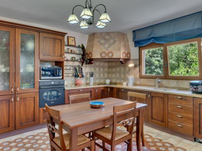 Cuisine traditionnelle avec des armoires en bois foncé, un dosseret carrelé à motifs complexes et une table à manger centrale. La lumière naturelle provient de la fenêtre donnant sur la verdure.