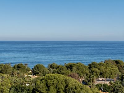 Le ciel bleu clair rencontre la mer Méditerranée calme, surplombant un paysage côtier verdoyant avec des canopées denses et des toits résidentiels équipés de panneaux solaires.