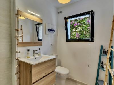 Salle de bain avec meuble-lavabo en bois clair, grand miroir avec éclairage LED intégré et fenêtre donnant sur des bougainvilliers roses. Comprend des toilettes et un mobile décoratif en bois.