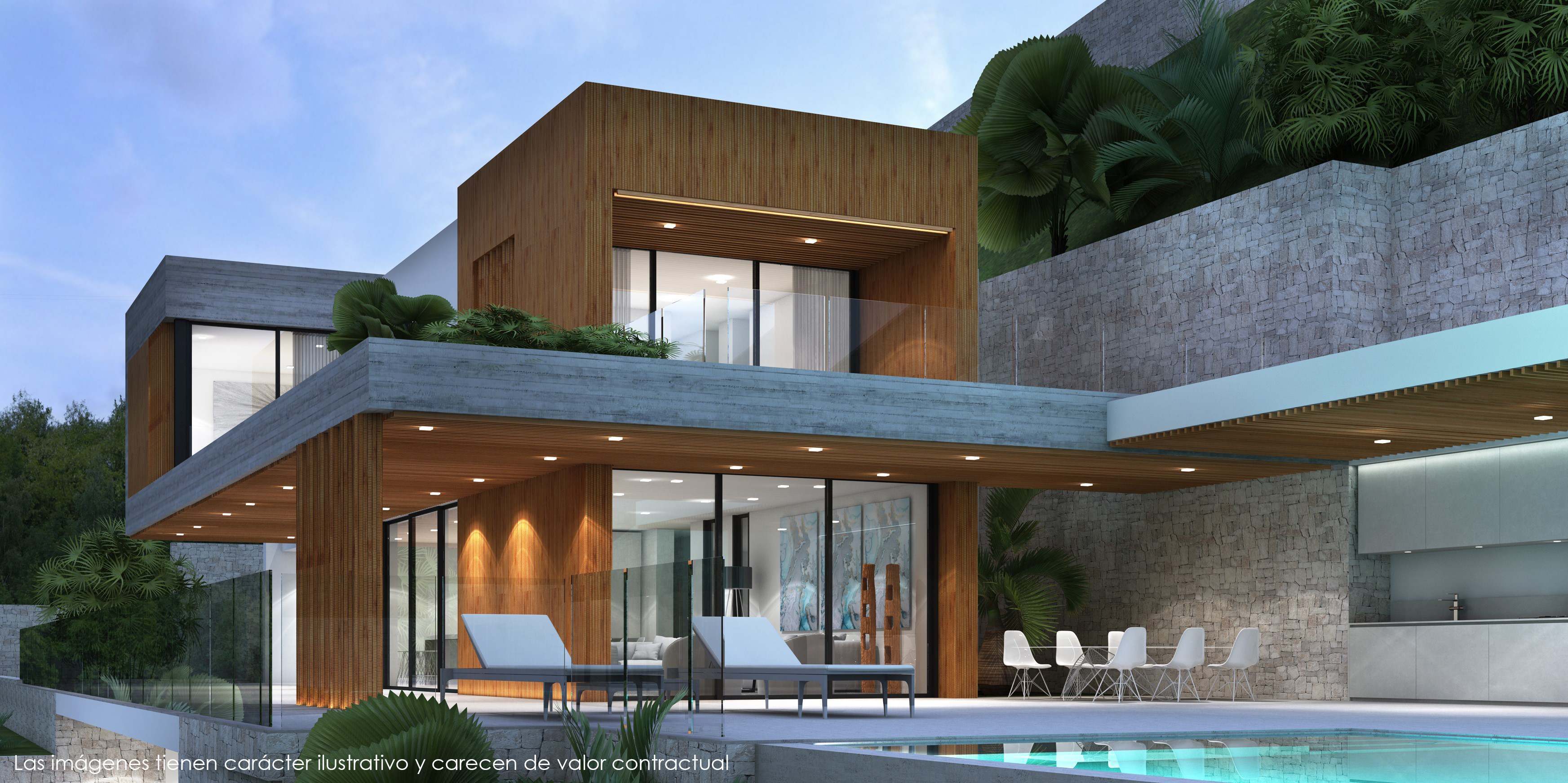 Façade extérieure alliant bois et béton brut, comprenant une terrasse avec piscine, un espace dînatoire extérieur et des murs en pierre calcaire.