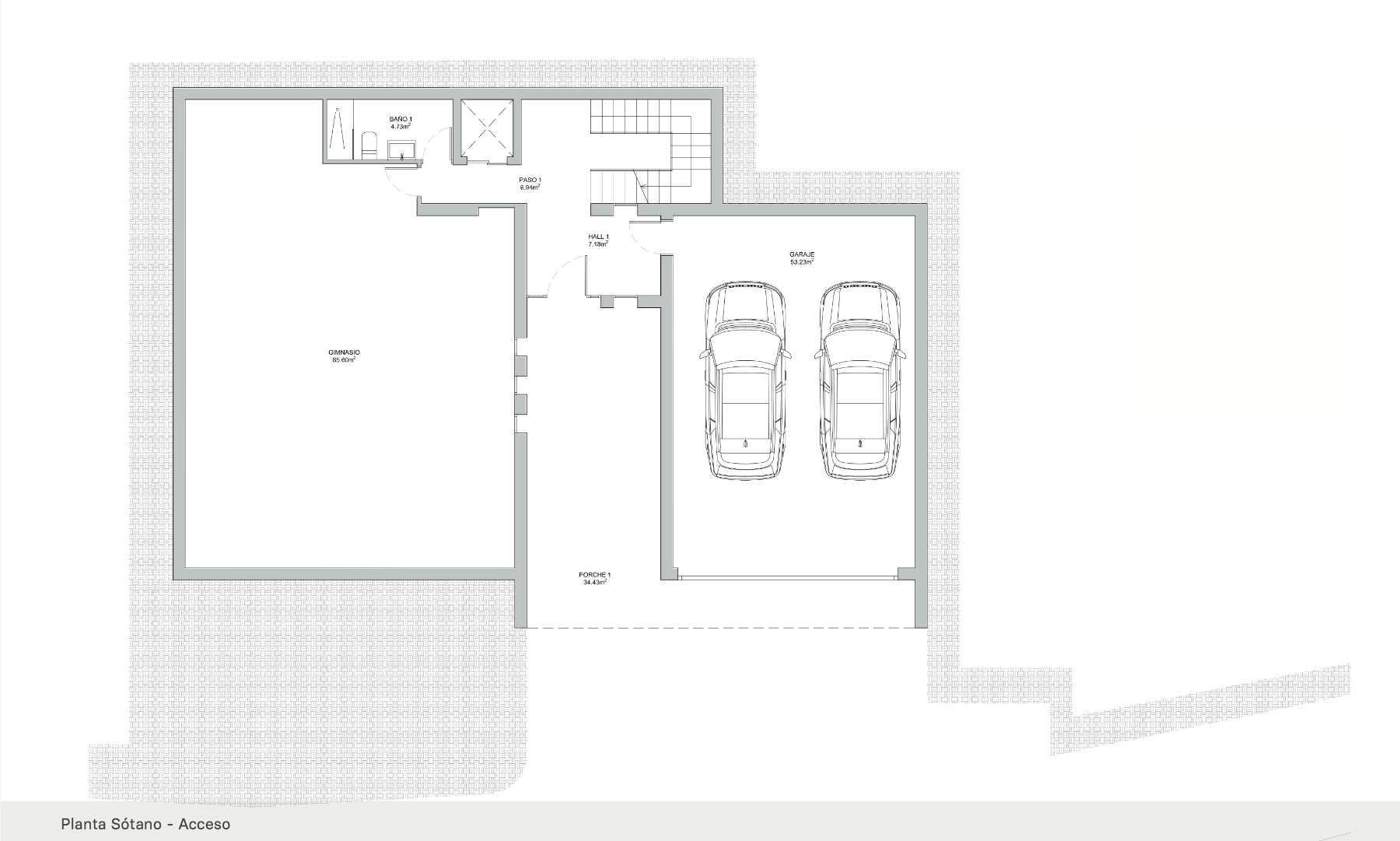 Plan du sous-sol comprenant un garage pour deux véhicules, une salle de sport de 85 m², une salle de bain et l'accès par escalier et ascenseur.
