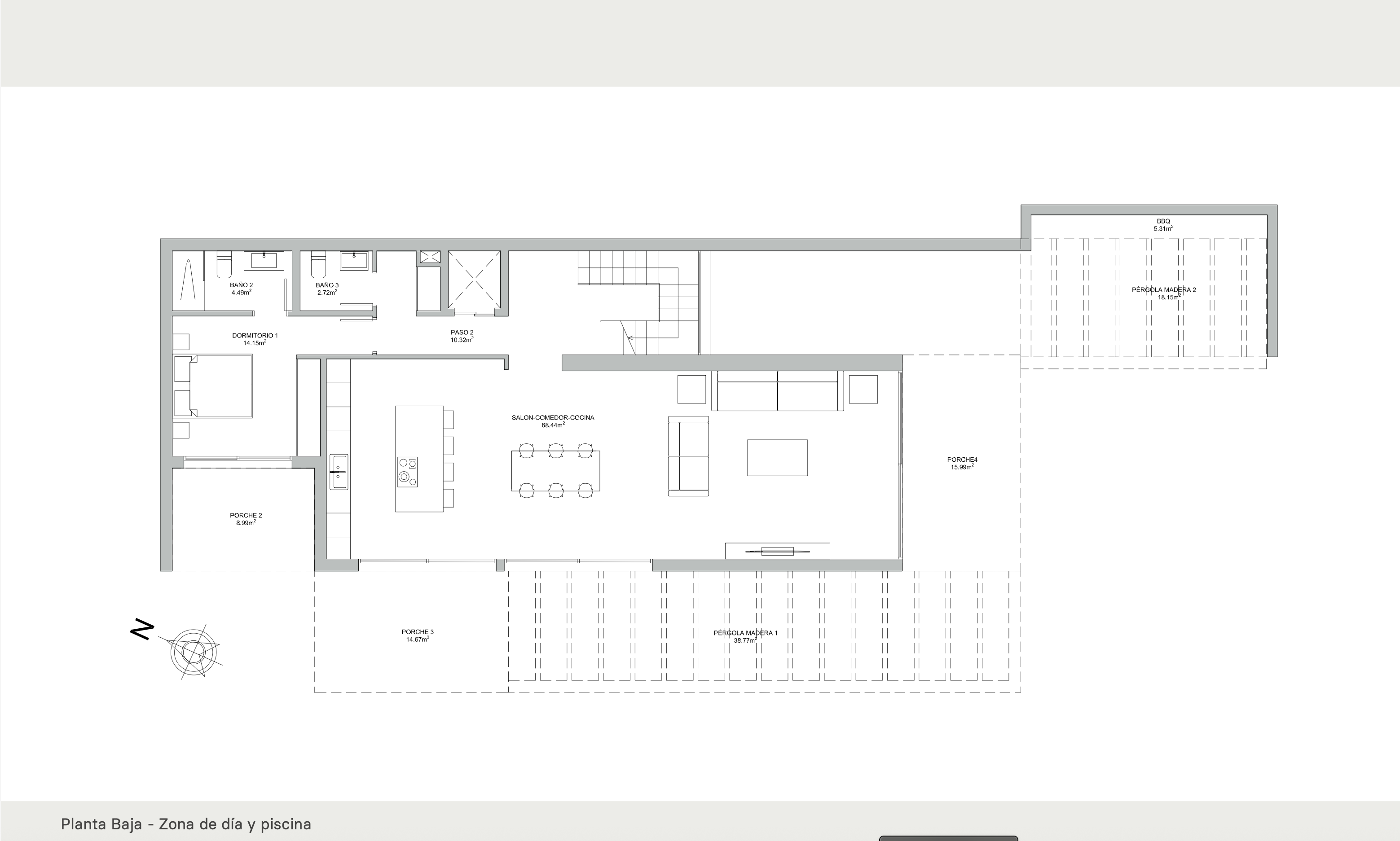 Plan technique du rez-de-chaussée illustrant un espace de vie ouvert de 68m², une chambre en suite, plusieurs terrasses couvertes et un espace barbecue.