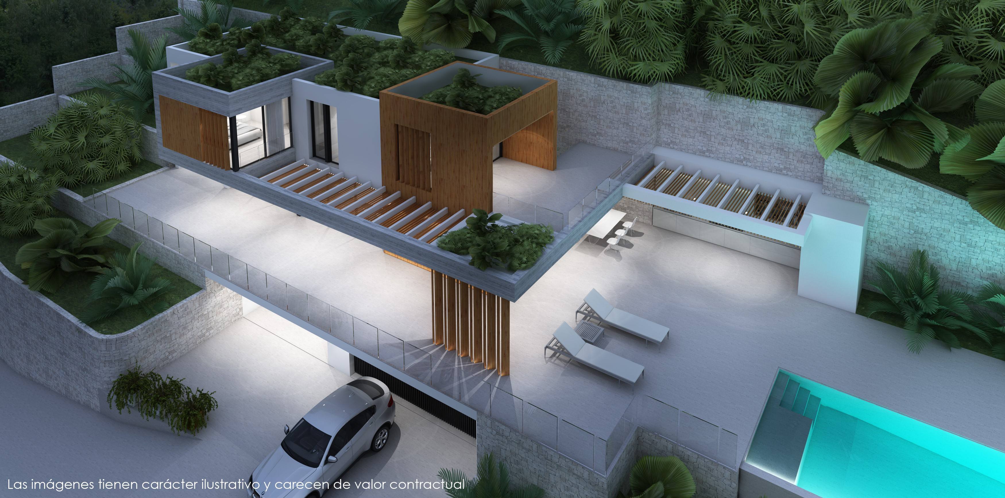 Vue aérienne de l'architecture multi-niveaux avec toits végétalisés, détails en bois, terrasses éclairées et accès au garage en sous-sol.